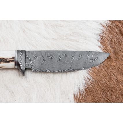 Cuchillo de caza Damasco 11,8 cm nogal/cuerno de ciervo