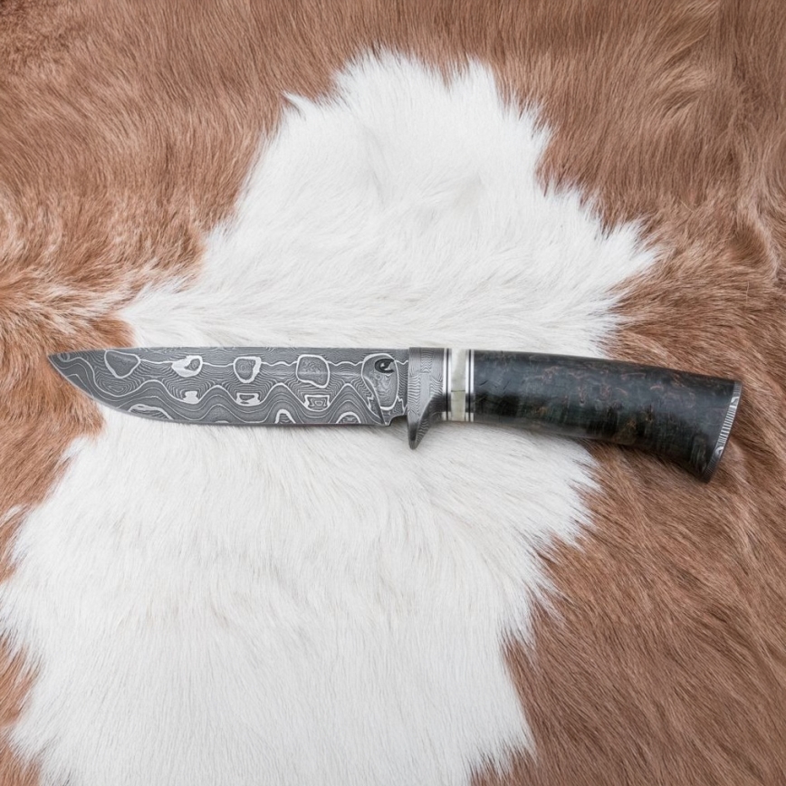 Cuchillo de caza Damasco 13,8 cm abedul/hueso de camello
