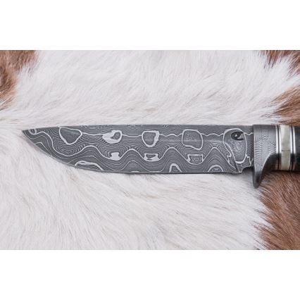 Cuchillo de caza Damasco 13,8 cm abedul/hueso de camello