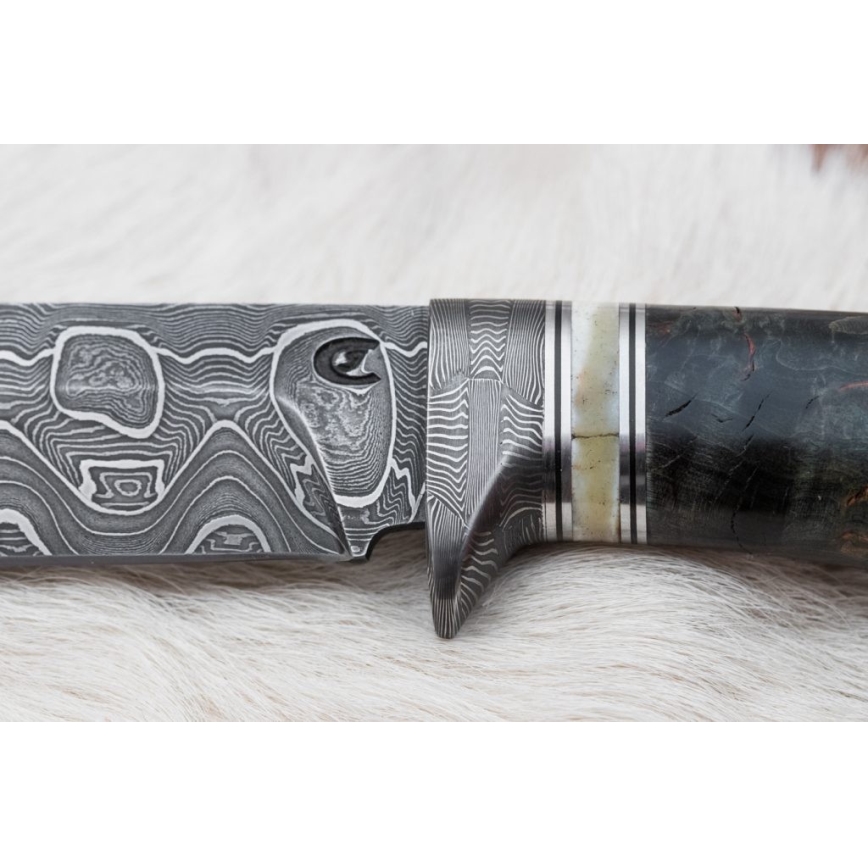 Cuchillo de caza Damasco 13,8 cm abedul/hueso de camello