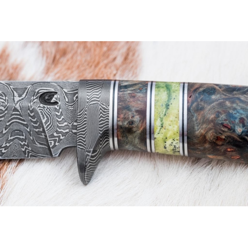 Cuchillo de caza de Damasco 14,5 cm mango de aliso/serpentinita