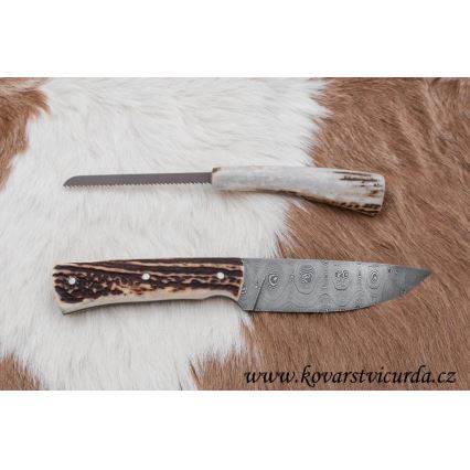 Cuchillo de caza de Damasco con mini sierra 11 cm Cuerno de ciervo