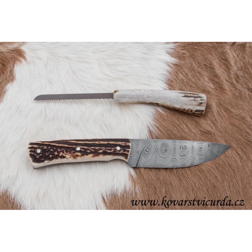 Cuchillo de caza de Damasco con mini sierra 11 cm Cuerno de ciervo