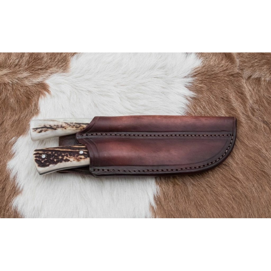 Cuchillo de caza de Damasco con mini sierra 11 cm Cuerno de ciervo