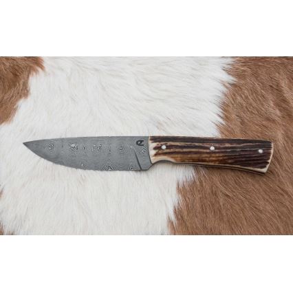 Cuchillo de caza de Damasco con mini sierra 11 cm Cuerno de ciervo
