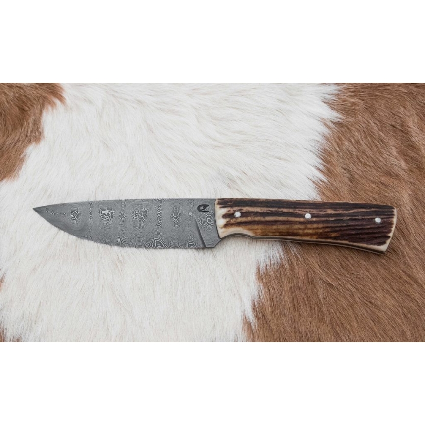 Cuchillo de caza de Damasco con mini sierra 11 cm Cuerno de ciervo