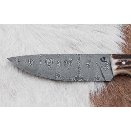 Cuchillo de caza de Damasco con mini sierra 11 cm Cuerno de ciervo