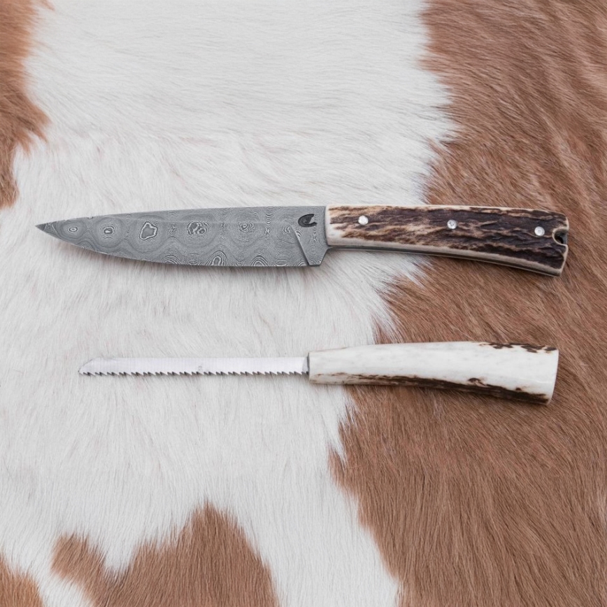 Cuchillo de caza de Damasco con sierra pequeña 12 cm Cuerno de ciervo