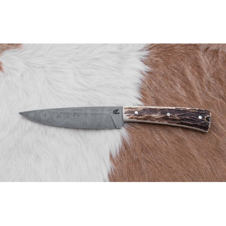 Cuchillo de caza de Damasco con sierra pequeña 12 cm Cuerno de ciervo