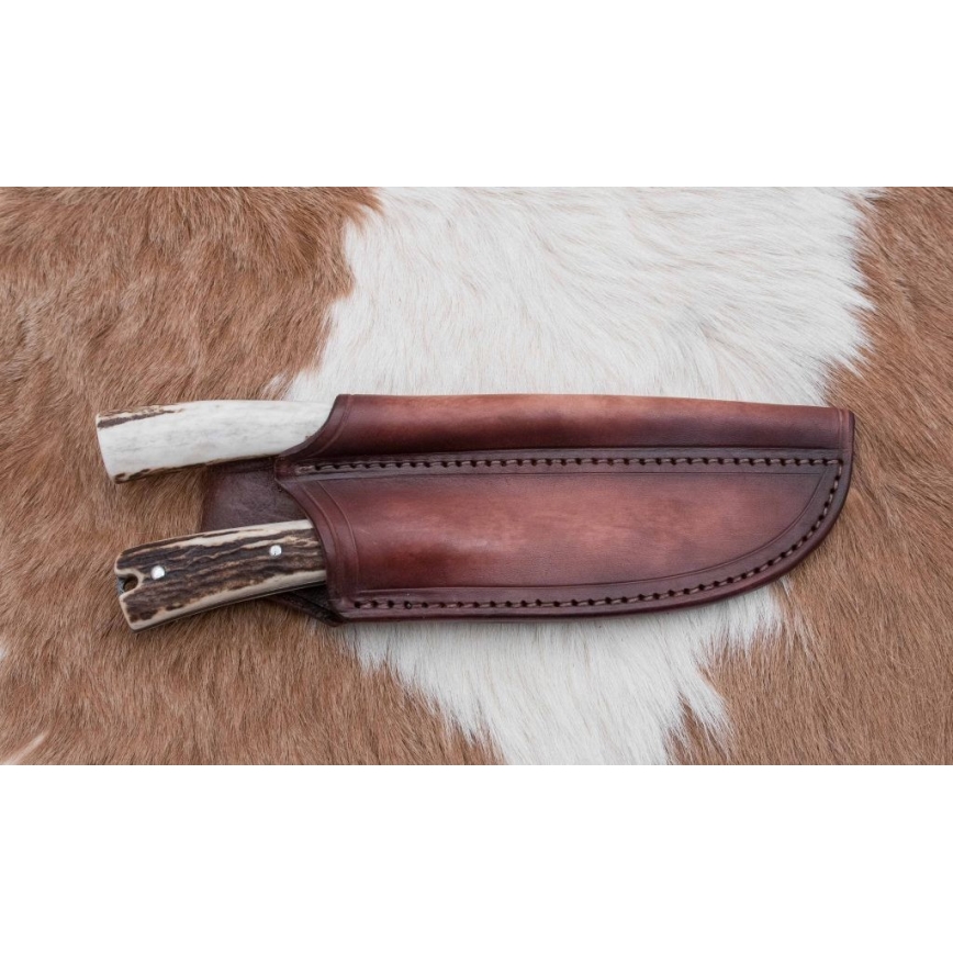 Cuchillo de caza de Damasco con sierra pequeña 12 cm Cuerno de ciervo