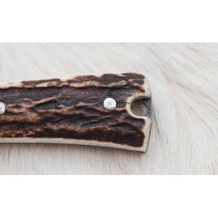 Cuchillo de caza de Damasco con sierra pequeña 12 cm Cuerno de ciervo