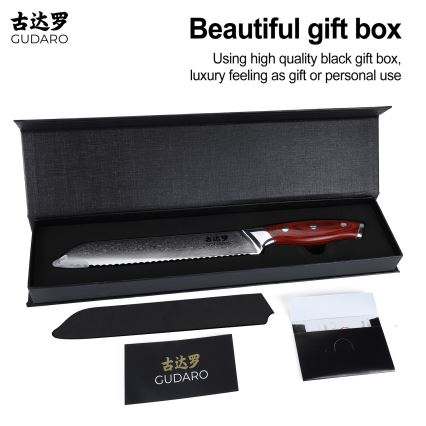 Gudaro - Cuchillo de pan de cocina Damasco KENSHO 8, 67 capas de acero, longitud 20 cm