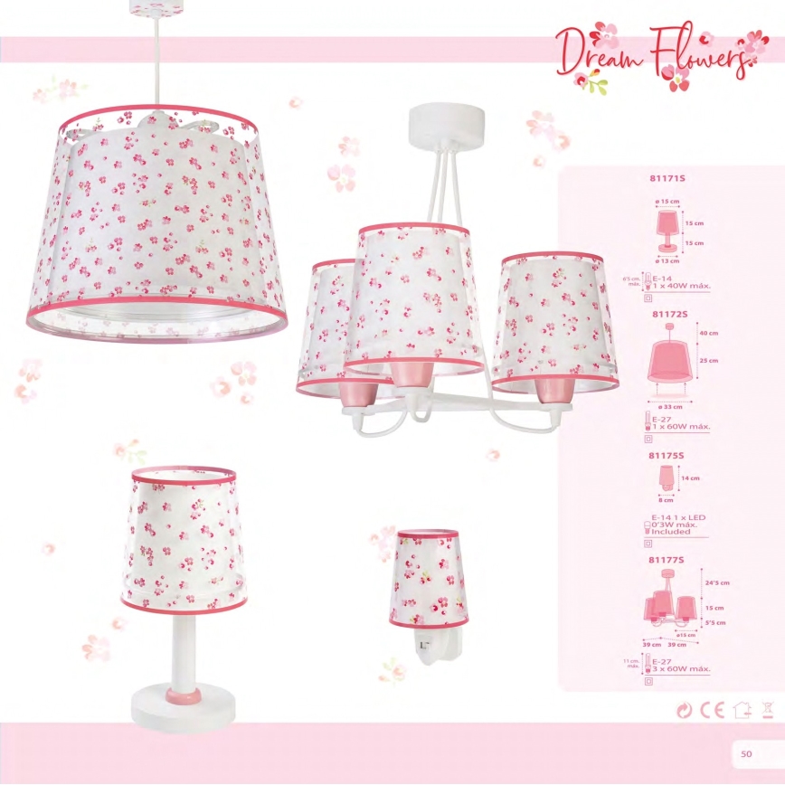 Dalber 81177S - Lámpara colgante infantil DREAM FLOWERS 3xE27/60W/230V