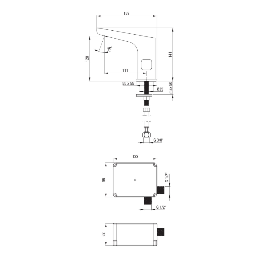 Deante BQH_029R - Grifo de lavabo sin contacto con regulación de temperatura HIACYNT 4xAA cromo brillante