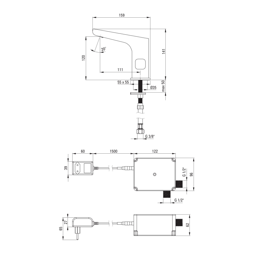 Deante BQH_029V - Grifo de lavabo sin contacto con regulación de temperatura HIACYNT 230/6V cromo brillante