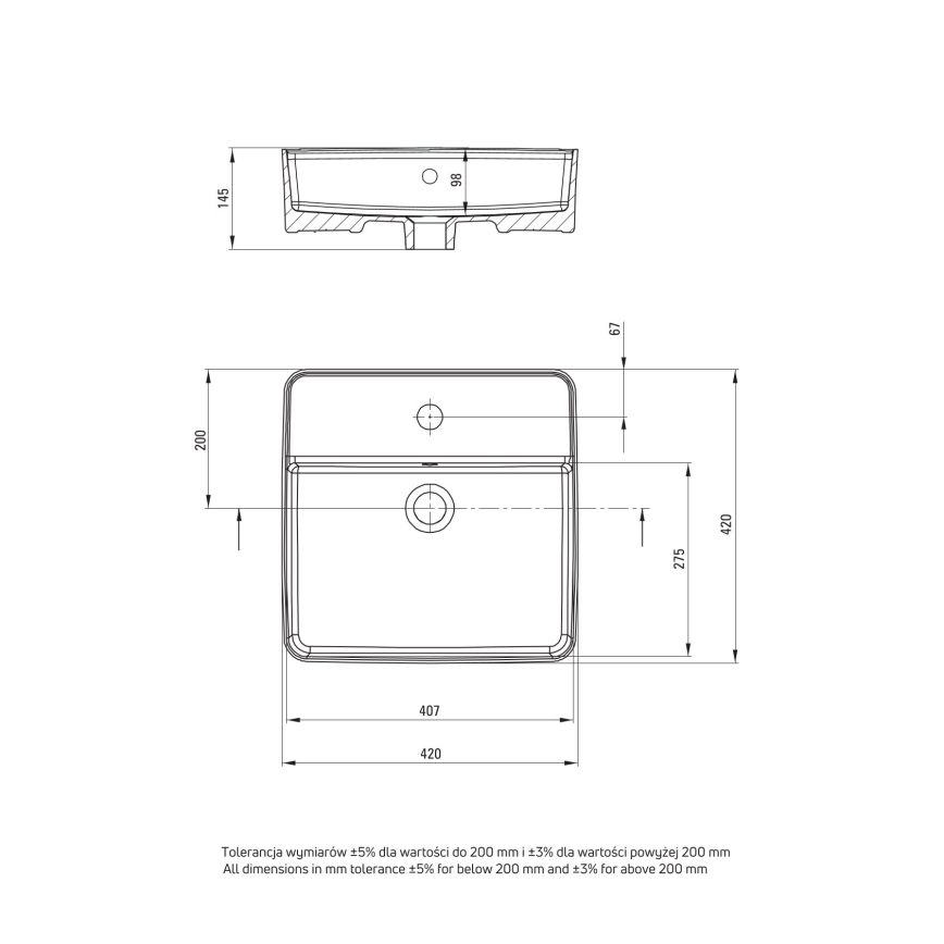 Deante CGS_6U4B - Lavabo sobre encimera con orificio para grifo SQUARE 42x42 cm cerámica/blanco