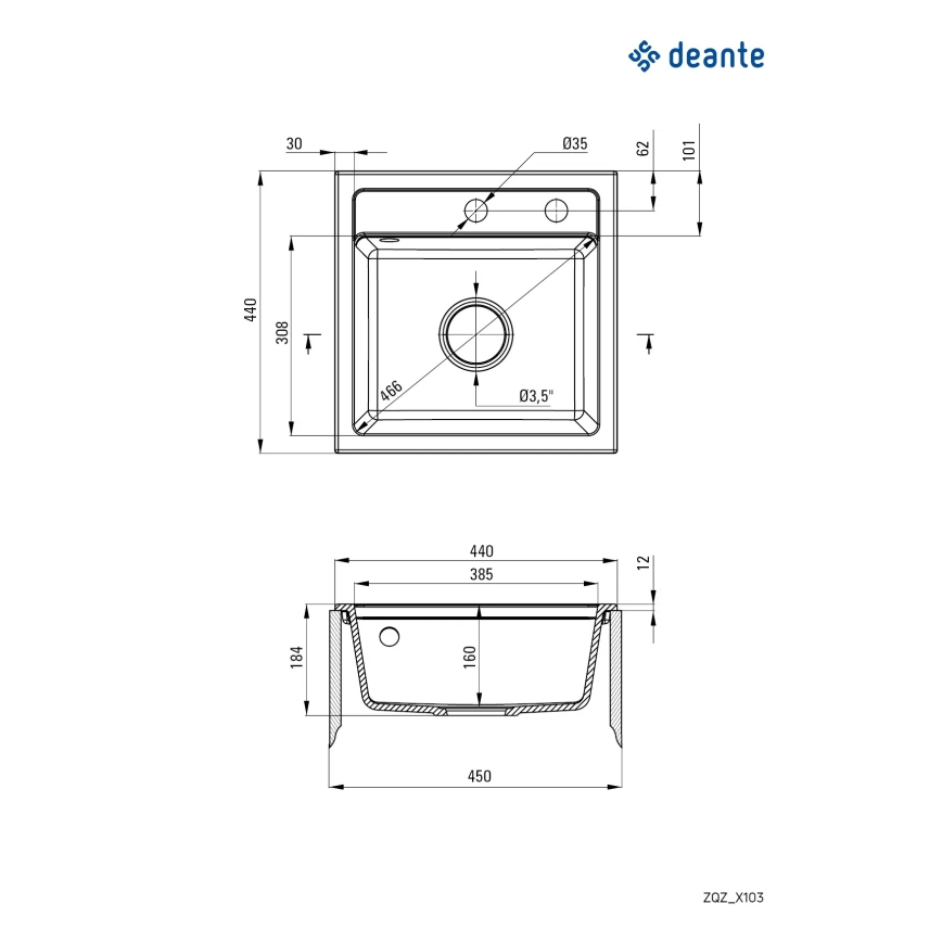 Deante ZQZ_S103 - Fregadero de cocina ZORBA 44x44 cm granito/gris metálico