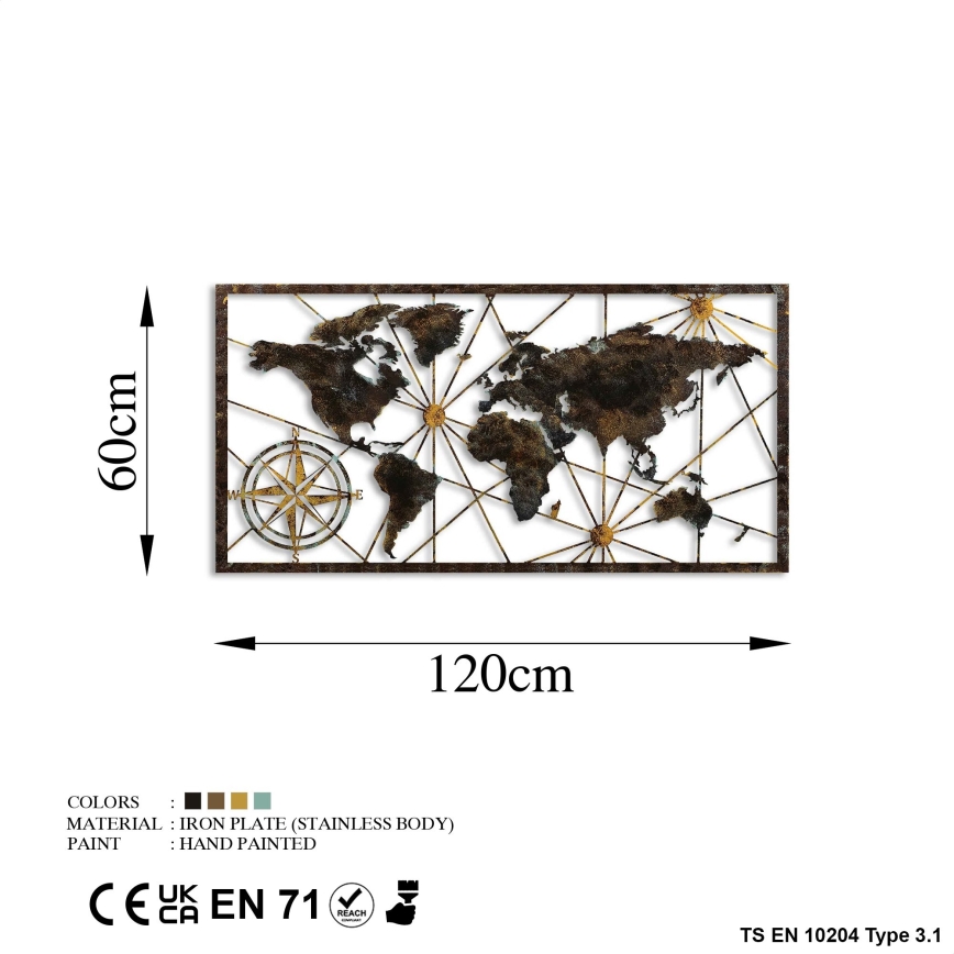 Decoración de pared 120x60 cm Mapa del mundo metal