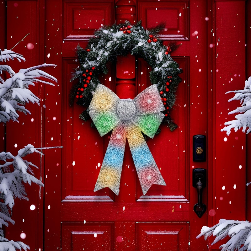 Decoración navideña LED RGB, 11 LEDs / 3x LR44, 40 x 30 cm, lazo plateado