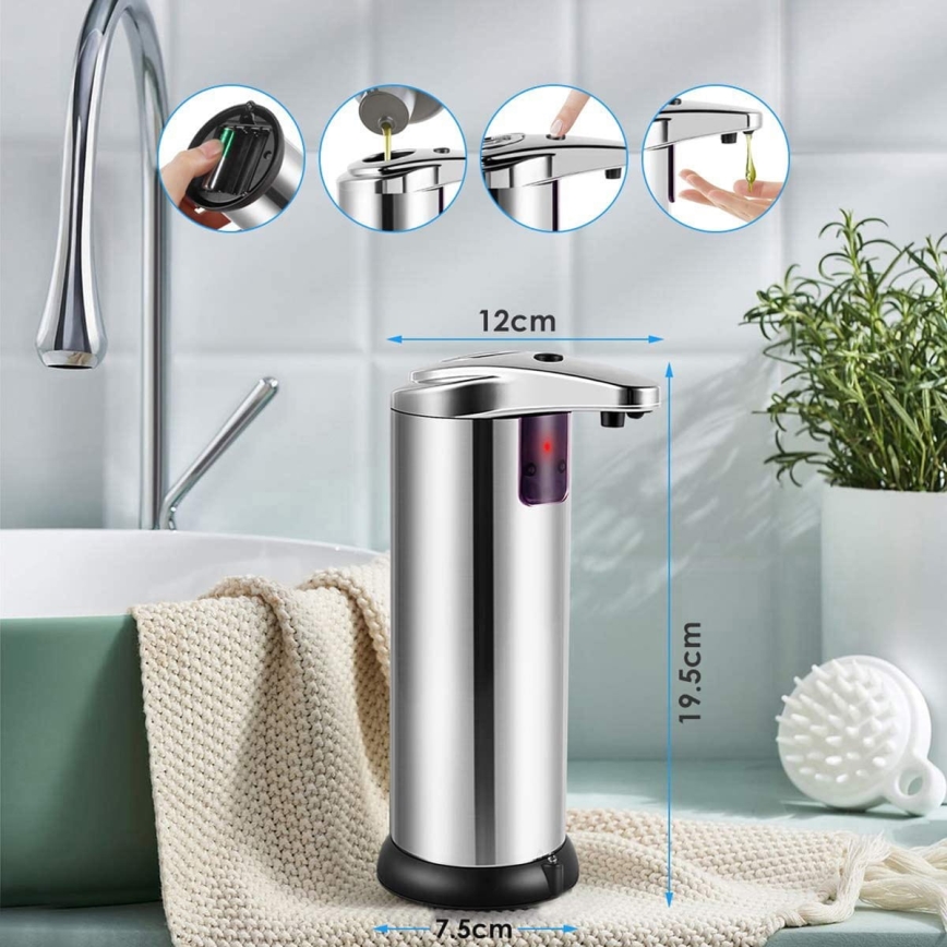 Dispensador de jabón sin contacto con sensor 4xAAA acero inoxidable