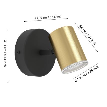 Eglo - Aplique de pared para baño tipo foco 1xGU10/5W/230V IP44 negro/dorado