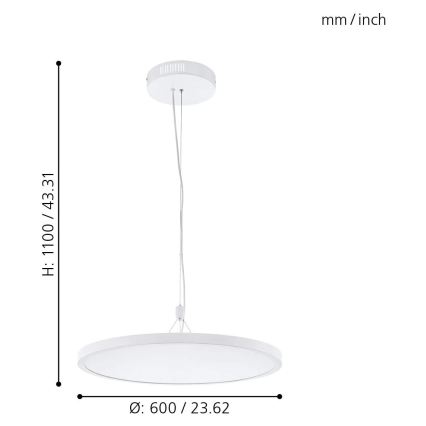 Eglo 33676 - Lámpara colgante LED RGBW regulable con cable CERIGNOLA-C LED/32W/230V 2700-6500K blanca + mando a distancia