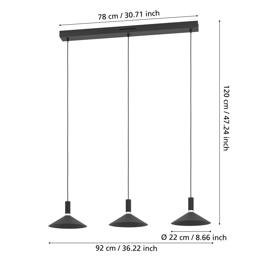 Eglo - Lámpara colgante LED RGBW regulable con cable 3xLED/7,5W/230V 2700-6500K negra