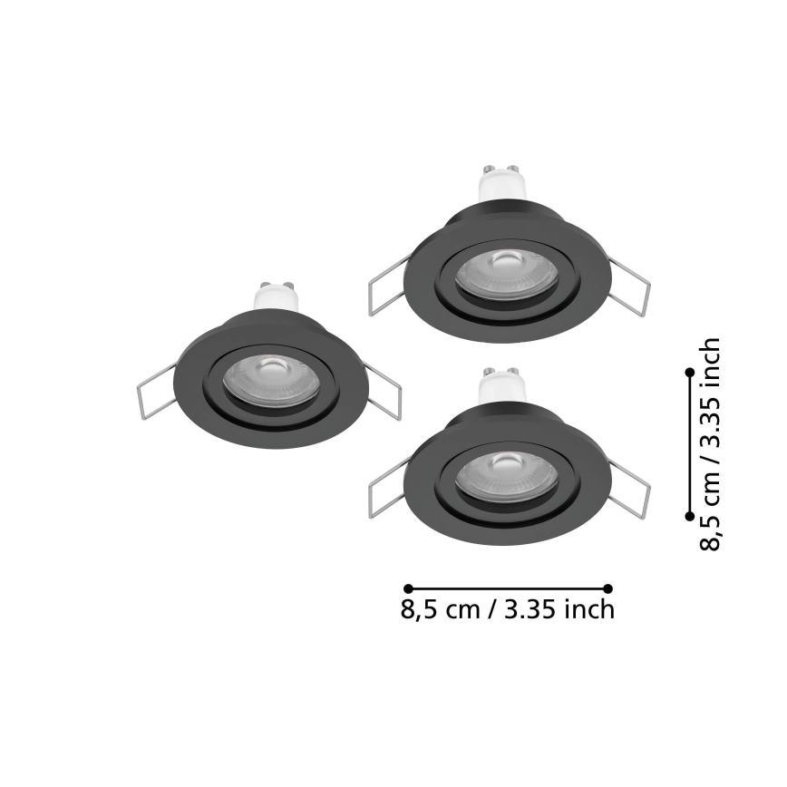 Eglo - Juego de 3 focos empotrables LED para baño 1xGU10/4,5W/230V IP44 negro