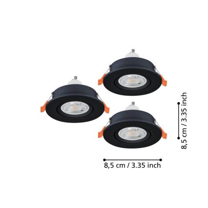 Eglo - Juego de 3 focos empotrables LED para baño 1xGU10/4,5W/230V IP44 negro