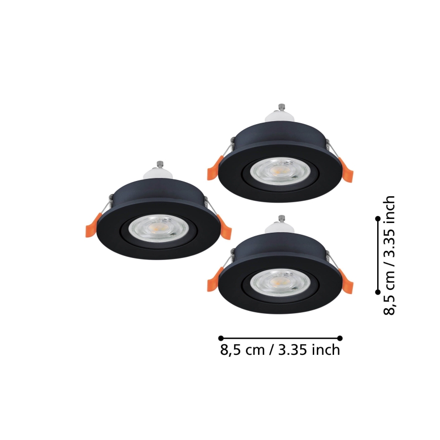 Eglo - Juego de 3 focos empotrables LED para baño 1xGU10/4,5W/230V IP44 negro