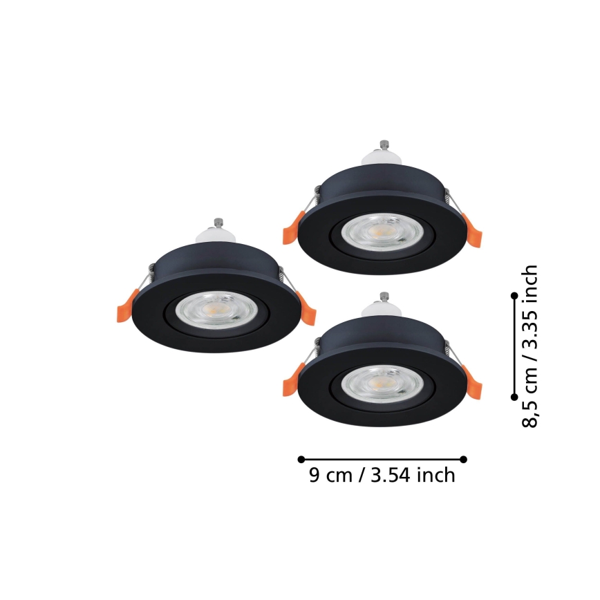 Eglo - Juego de 3 focos empotrables LED, 1x GU10/4,5W/230V, negro