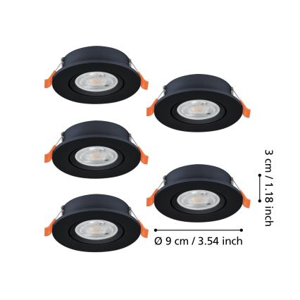 Eglo - Set de 5 focos empotrables LED, 4,8 W, 230 V, 2700/4000/6500 K, negro