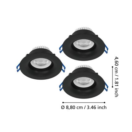 Eglo - Set de 3 focos empotrables LED para baño LED/4,9W/230V 2700/4000/6500K Ø 8,8 cm IP65 negro