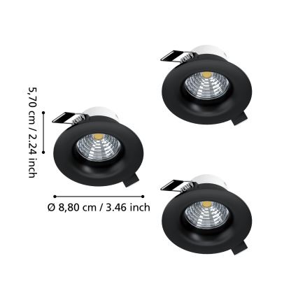 Eglo - Pack de 3 focos empotrables LED regulables, 4,8 W/230 V, Ø 8,8 cm, negro
