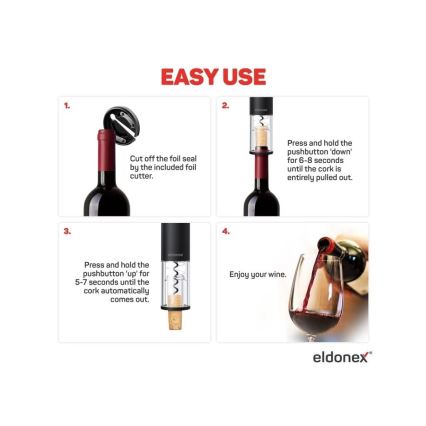ELDONEX EWO-2100-BK - Abridor eléctrico de vino 4xAA negro