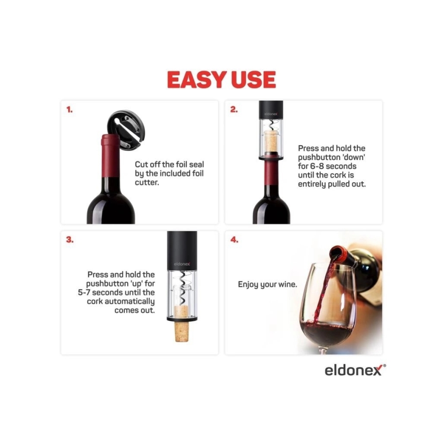 ELDONEX EWO-2100-BK - Abridor eléctrico de vino 4xAA negro