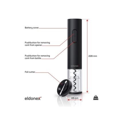 ELDONEX EWO-2100-BK - Abridor eléctrico de vino 4xAA negro