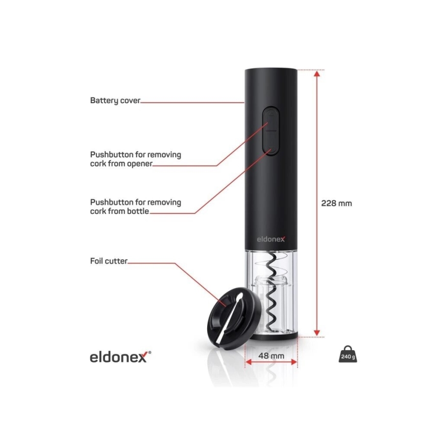 ELDONEX EWO-2100-BK - Abridor eléctrico de vino 4xAA negro