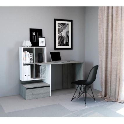 Escritorio con estante MARLO gris hormigón/blanco