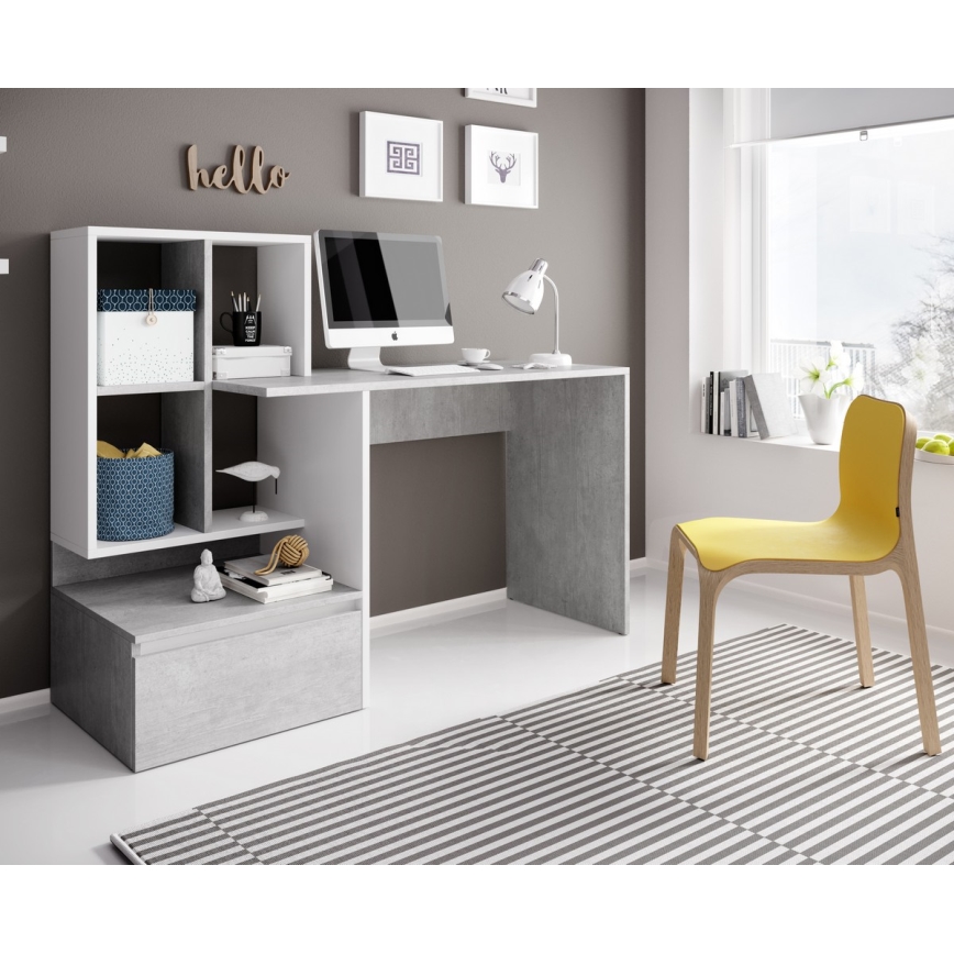 Escritorio con estante MARLO gris hormigón/blanco