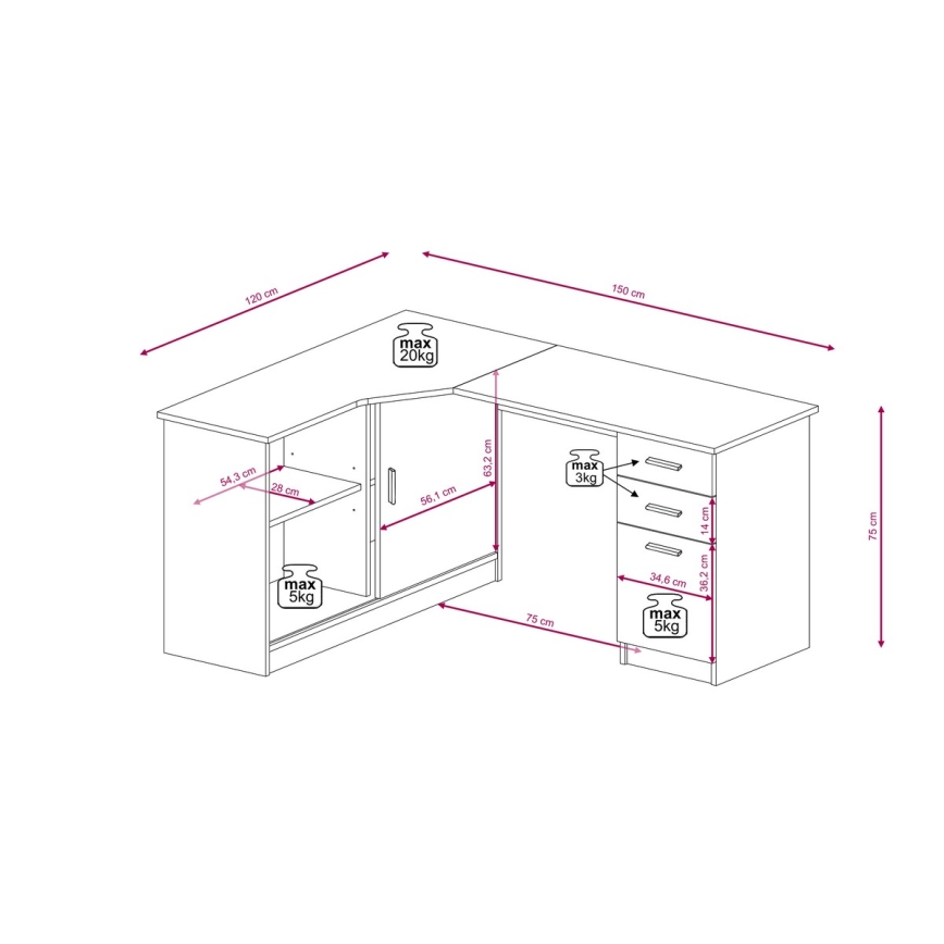 Escritorio con estante y cajones ROBERTO, izquierdo, roble artisan/blanco