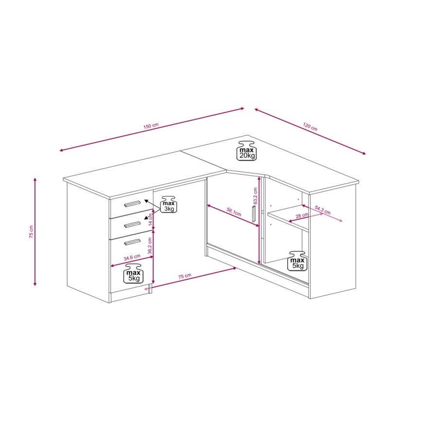 Escritorio con estante y cajones ROBERTO, lado derecho, roble artisan/blanco