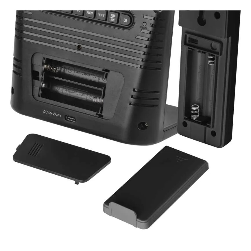 Estación meteorológica con carga inalámbrica 5V, 2x AA + 2x AAA, negra