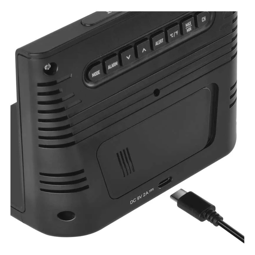 Estación meteorológica con carga inalámbrica 5V, 2x AA + 2x AAA, negra