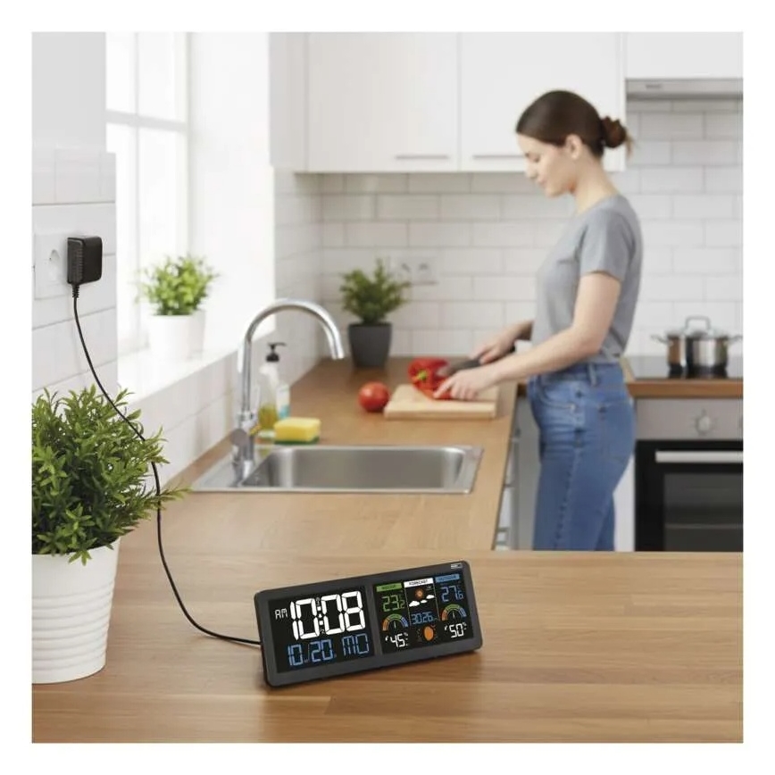 Estación meteorológica con pantalla LCD a color y despertador, 5V, 3xAAA + 2xAA, negra