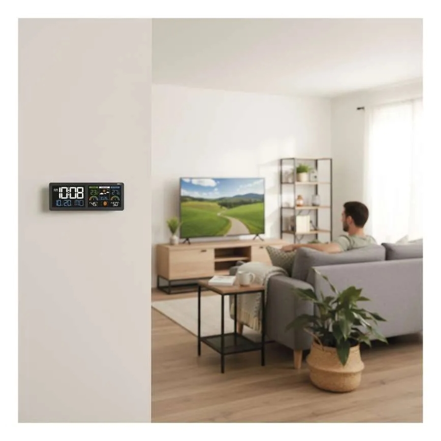 Estación meteorológica con pantalla LCD a color y despertador, 5V, 3xAAA + 2xAA, negra