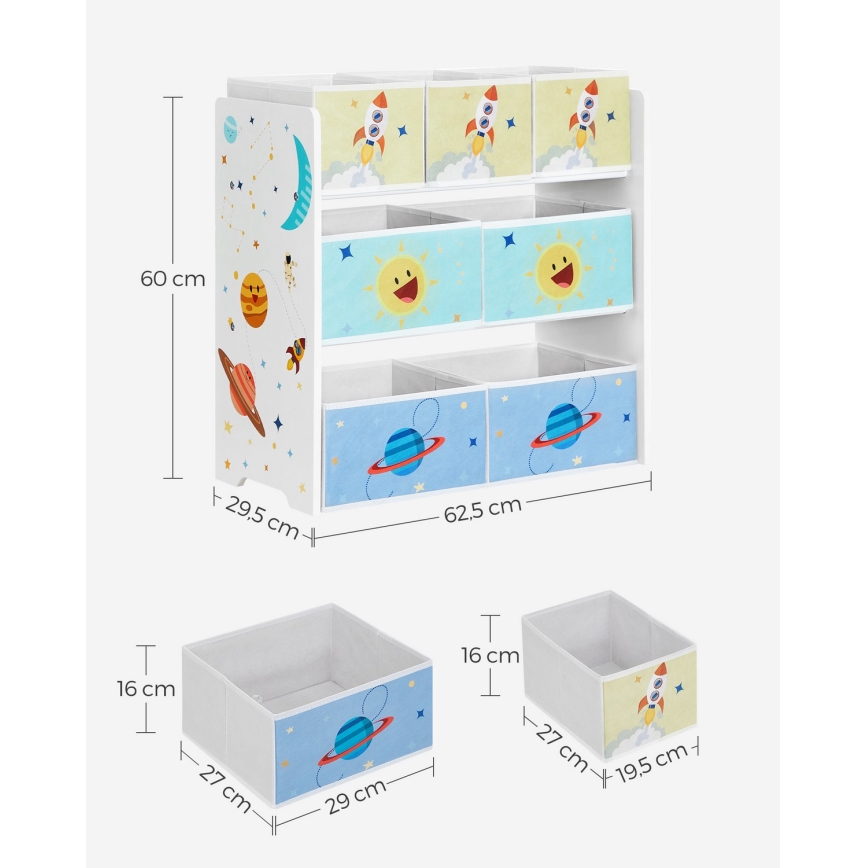 Estantería infantil con cajas de tela ANET azul/blanco
