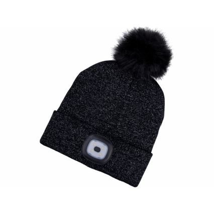 Extol - Gorra con linterna frontal, carga USB 300 mAh negro con pompón talla ÚNICA
