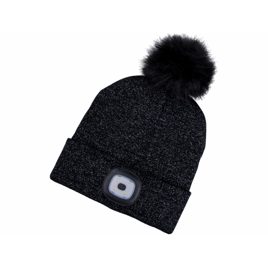 Extol - Gorra con linterna frontal, carga USB 300 mAh negro con pompón talla ÚNICA