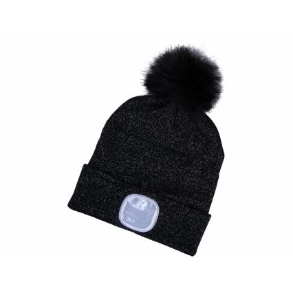 Extol - Gorra con linterna frontal, carga USB 300 mAh negro con pompón talla ÚNICA